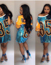 Women Performance Costumes Cheerleaders Loose Oversized Causal 85 Letter Shift Sequin T Shirt Mini Dress Hip-Hop Long Tee