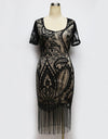 Women Summer Vintage 1920s Flower Lace Corchet Bodycon Fringe Hem Gatsby Flapper Dress V-Neck Short Sleeve Lady-Like Midi Dress